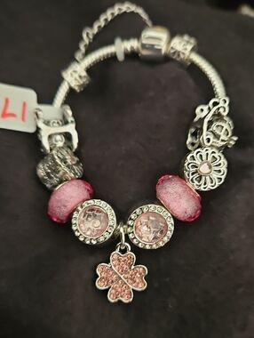 Silver Charm Bracelet with Pink Crystal Beads
